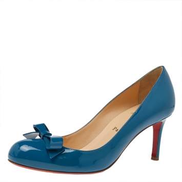 Pre Owned Christian Louboutin Blue Patent Leather Bow Vindo Pumps Size 38