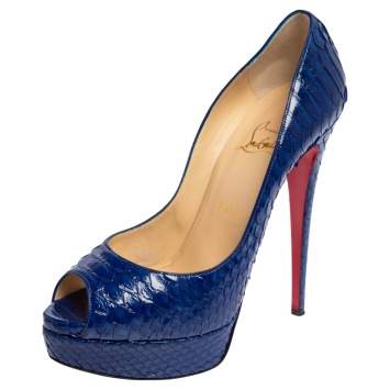 Pre Owned Christian Louboutin Blue Python Lady Peep Toe Platform Pumps Size 39.5
