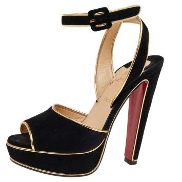 Pre Owned Christian Louboutin Black Suede LouLou Dance Platform Ankle Strap Sandals Size 38.5