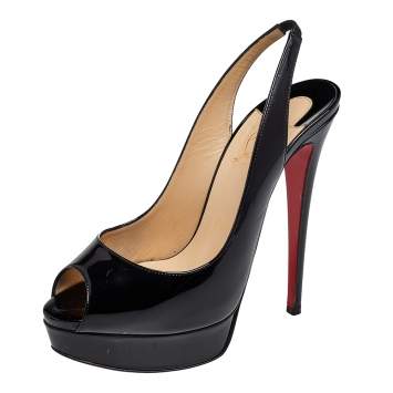 Pre Owned Christian Louboutin Black Patent Leather Lady Peep Toe Slingback Platform Sandals Size 38.5
