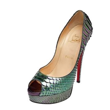 Pre Owned Christian Louboutin Green Python Leather Lady Peep Toe Platform Pumps Size 38