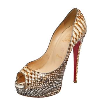 Pre Owned Christian Louboutin Metallic Two Tone Python Leather Lady Peep Toe Platform Pumps Size 38.5