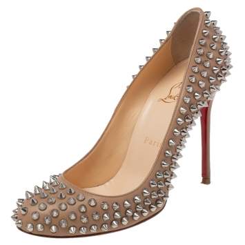 Pre Owned Christian Louboutin Beige Leather Fifi Spike Round Toe Pumps Size 38.5