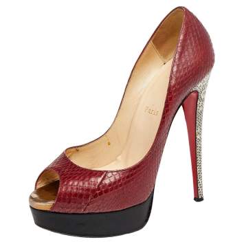 Pre Owned Christian Louboutin Burgundy Python Leather Lady Peep Toe Platform Pumps Size 38