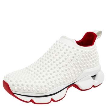 Pre Owned Christian Louboutin White Neoprene Spikes Socks Flat 30 Sneakers Size 39