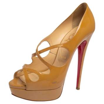 Pre Owned Christian Louboutin Beige Patent Leather Mademoi Criss Cross Peep Toe Pumps Size 39