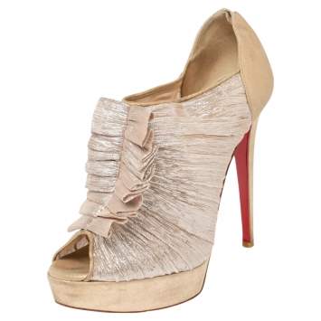 Pre Owned Christian Louboutin Beige Lurex Fabric And Suede  Peep Toe Booties Size 40.5
