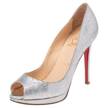 Pre Owned Christian Louboutin Silver Glitter Lady Peep Toe Platform Pumps Size 37.5