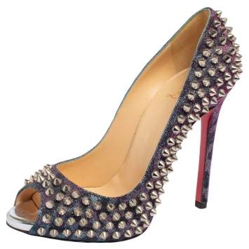 Pre Owned Christian Louboutin Blue Lurex Fabric Yolanda Spikes Peep Toe Pumps Size 36.5