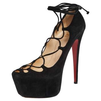 Pre Owned Christian Louboutin Black Suede Bloody Mary Lace up Pumps Size 39