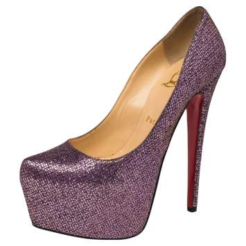 Pre Owned Christian Louboutin Metallic Glitter Fabric Daffodile Platform Pumps Size 39.5