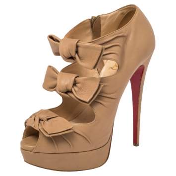 Pre Owned Christian Louboutin Beige Leather Knotted Bow Peep Toe Pumps Size 39.5