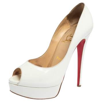 Pre Owned Christian Louboutin White Patent Leather Lady Peep  Pumps Size 37.5