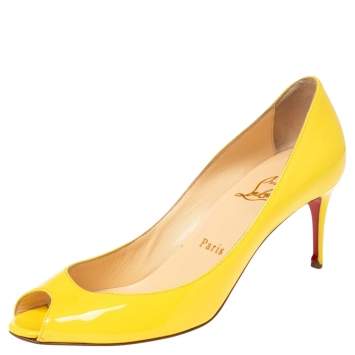 Pre Owned Christian Louboutin Yellow Patent Leather Peep Toe Pumps 36.5
