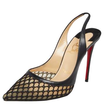 Pre Owned Christian Louboutin Black Leather And Mesh Miluna Slingback Sandals Size 37.5