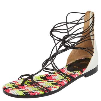 Pre Owned Christian Louboutin White/Black Patent Leather Blanca Gladiator Flat Sandals Size 37