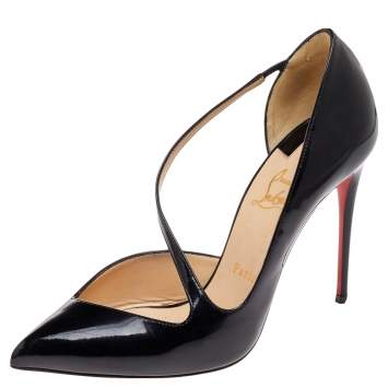 Pre Owned Christian Louboutin Black Patent Leather Jumping Cross Strap Pumps Size 39
