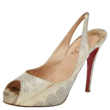 Pre Owned Christian Louboutin Beige Python Embossed Leather Private Number Slingback Sandals Size 38.5 