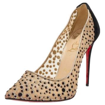Pre Owned Christian Louboutin Beige/Black Mesh and Leather Follies Strass Pumps Size 39.5