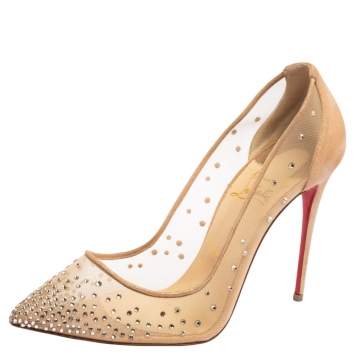 Pre Owned Christian Louboutin Beige Mesh and Suede Follies Strass Pointed Toe Pumps Size 39