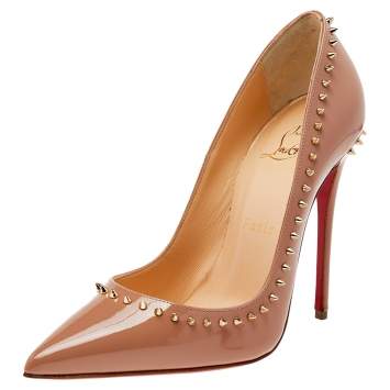 Pre Owned Christian Louboutin Beige Patent Leather Anjalina Pointed Toe Pumps Size 36.5