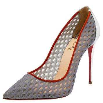 Pre Owned Christian Louboutin Grey Mesh And Leather Follies Resille Pointed Toe Pumps Size 36.5
