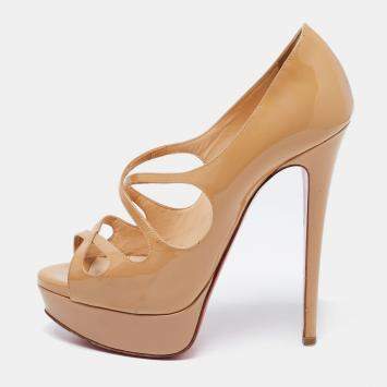 Pre Owned Christian Louboutin Beige Patent Leather Mademoi Crisscross Peep Toe Pumps Size 36.5