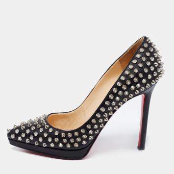 Pre Owned Christian Louboutin Black Leather Pigalle Spikes Platform Pumps Size 36.5