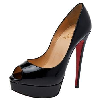 Pre Owned Christian Louboutin Black Patent Leather Lady Peep Toe Platform Pumps Size 36.5