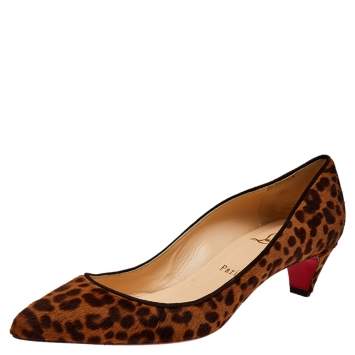 Pre Owned Christian Louboutin Brown/Beige Leopard Print Calf Hair Kitten Heel Pumps Size 39