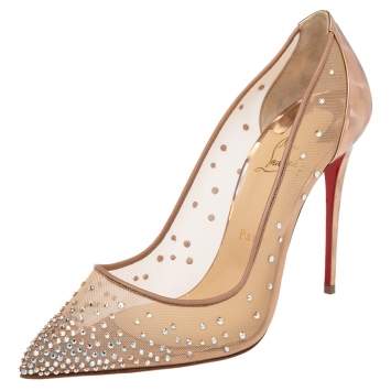 Pre Owned Christian Louboutin Beige Crystal Embellished Mesh And Patent Leather Follies Strass Pumps Size 40