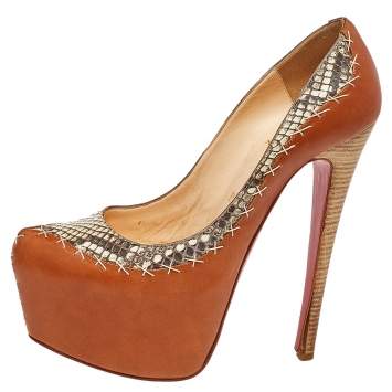 Pre Owned Christian Louboutin Brown Python And Leather Daffodile Platform Pumps Size 38