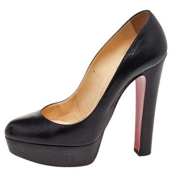 Pre Owned Christian Louboutin Black Leather Bibi Platform Block Heel Pumps Size 37.5