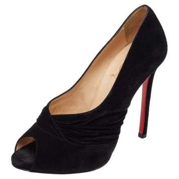 Pre Owned Christian Louboutin Black Suede Ruched Detail Drapadita Peep Toe Pumps Size 37.5