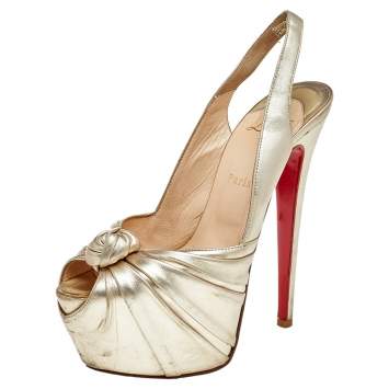 Pre Owned Christian Louboutin Gold Leather Jenny Knotted Platform Slingback Sandals Size 38