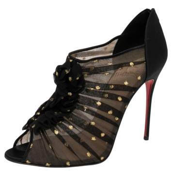 Pre Owned Christian Louboutin Black Satin  Ruffled Peep Toe Booties Size 40.5