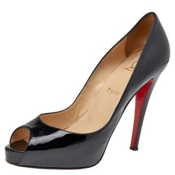 Pre Owned Christian Louboutin Black Patent Leather Very Prive Peep Toe Pumps Size 39.5
