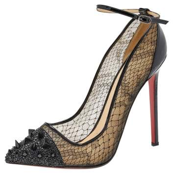 Pre Owned Christian Louboutin Mesh and Spike Embellished Leather Pointed Toe Pumps Size 41