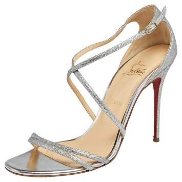 Pre Owned Christian Louboutin Silver Glitter Gwynitta Open Toe Sandals Size 41