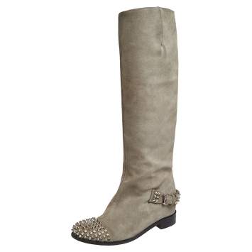 Pre Owned Christian Louboutin Grey Suede Egoutina Spikes Knee Boots Size 37