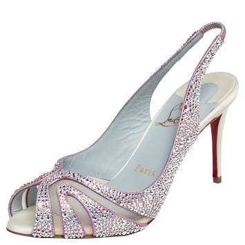 Pre Owned Christian Louboutin Pink/White Satin Alta Spina Strass Slingback Sandals Size 35.5
