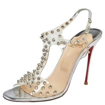 Pre Owned Christian Louboutin Silver PVC and Leather J-Lissimo T Strap Sandals Size 40