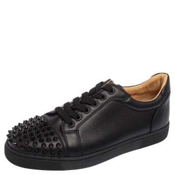 Pre Owned Christian Louboutin Black Leather Louis Junior Spikes Low Top Sneakers Size 38