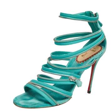 Pre Owned Christian Louboutin Aqua Green Fabric And Leather Unzip Sandals Size 41