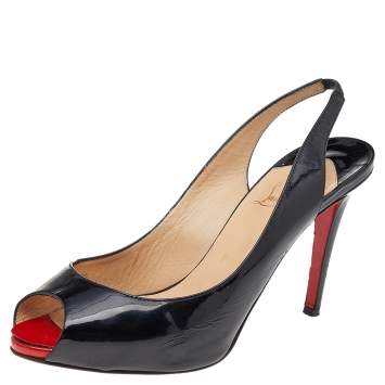 Pre Owned Christian Louboutin Black Patent Leather Private Number Peep Toe Slingback Sandals Size 39