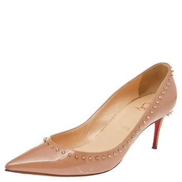 Pre Owned Christian Louboutin Beige Patent Leather Anjalina Spike Trim Pointed Toe Pumps Size 38
