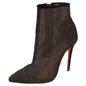 Pre Owned Christian Louboutin Black Suede And Mesh Zipper Detail Ankle Boots Size 37