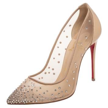 Pre Owned Christian Louboutin Beige Mesh And Patent Leather Follies Strass Pumps Size 36.5