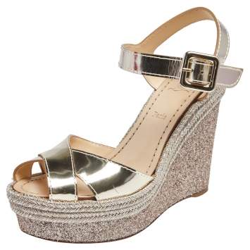 Pre Owned Christian Louboutin Gold Leather Almeria Espadrille Wedge Sandals Size 36