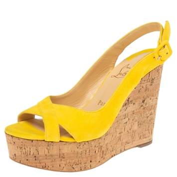 Pre Owned Christian Louboutin Yellow Suede Wedge Slingback Sandals Size 37